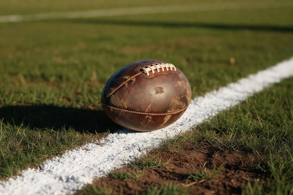 An old football resting exactly on a white goal-line chalk mark in extreme close-up