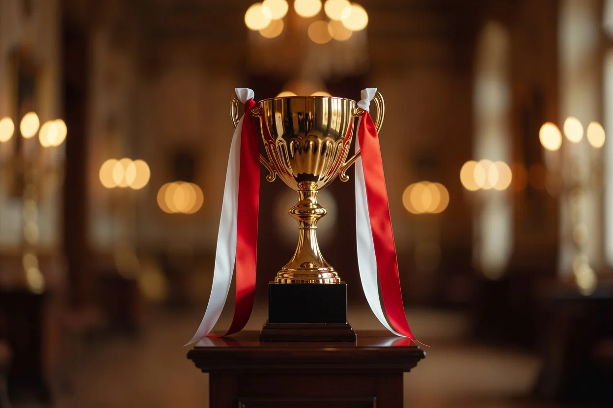 A gold trophy with plain red and white ribbons on a pedestal with bokeh lights