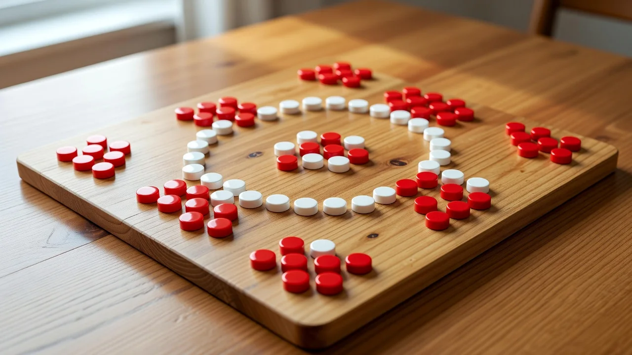A wooden tactics board with red and white magnets arranged in a passing pattern