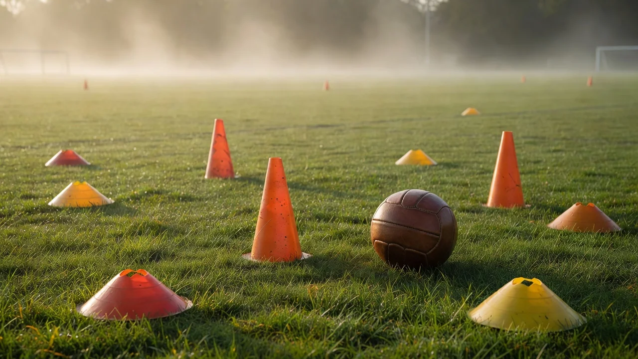 Training cones and a classic football on a misty early morning pitch