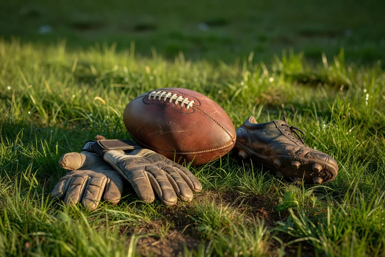 A football lying between goalkeeper gloves and a defender boot on grass