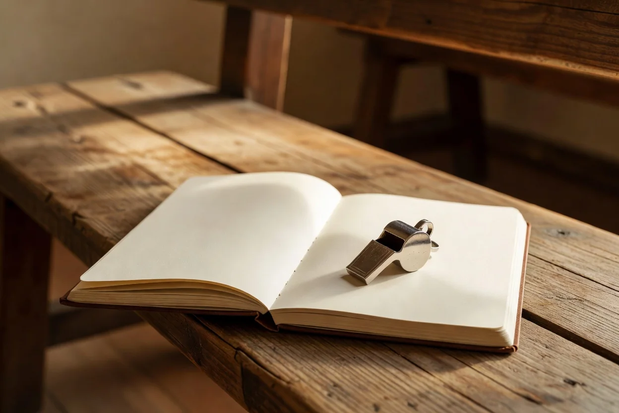 A plain notebook open to blank pages with a referee whistle on a wooden bench
