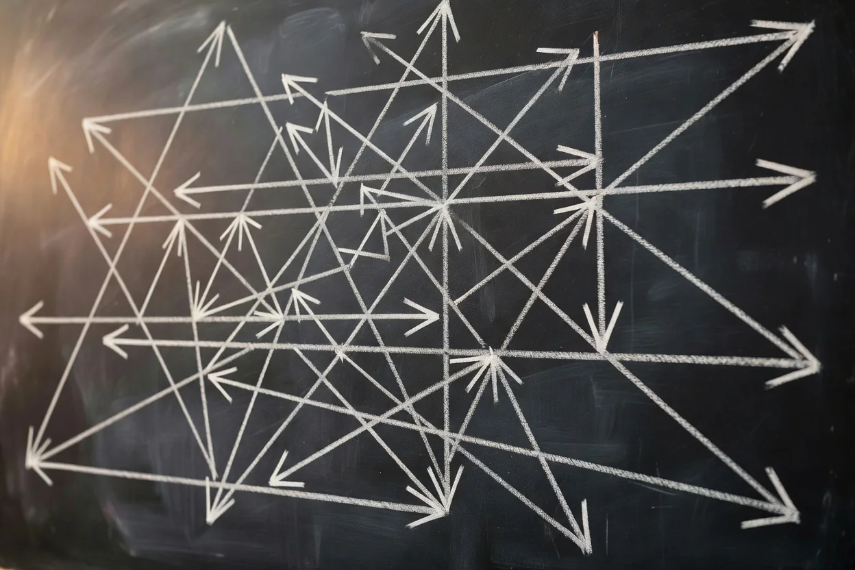 A dark board covered in white chalk passing arrows forming triangles