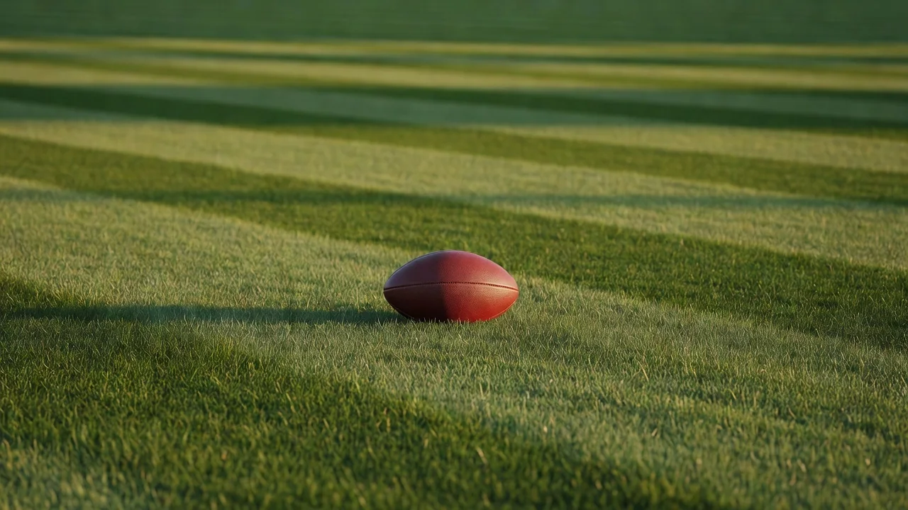 A modern football on perfectly striped mown grass at golden hour