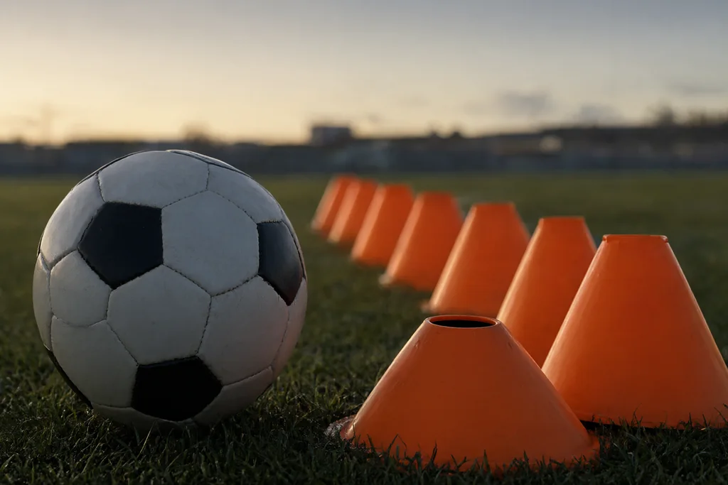 A classic round soccer ball with black and white pentagon panels on green grass beside a row of orange training cones