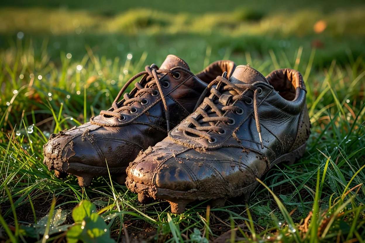 Mud-caked vintage leather football boots on wet grass