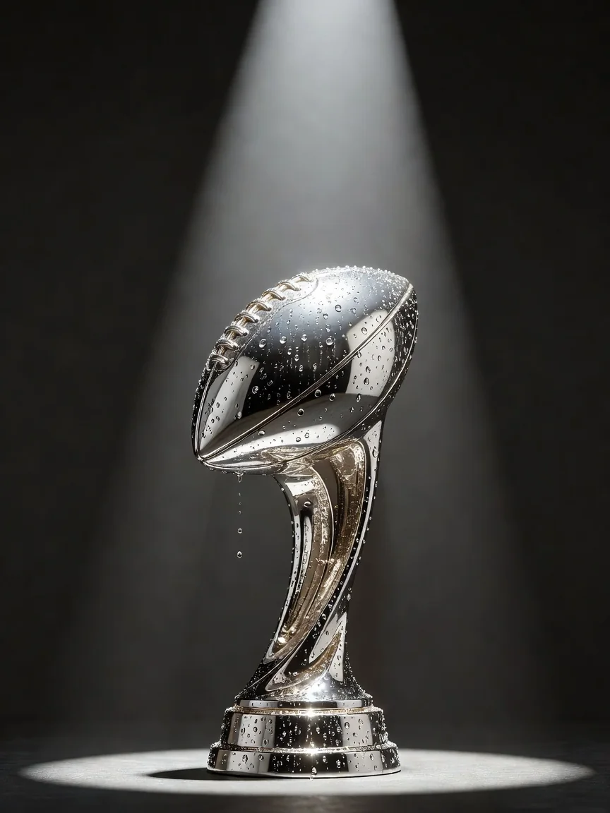 A silver trophy covered in rain droplets against a dark background