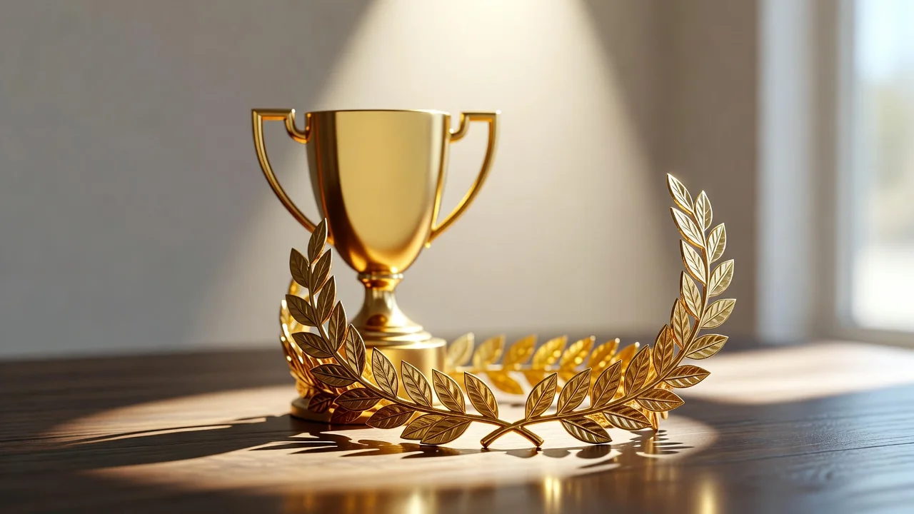 A gold trophy silhouette with a laurel wreath on a dark wooden table