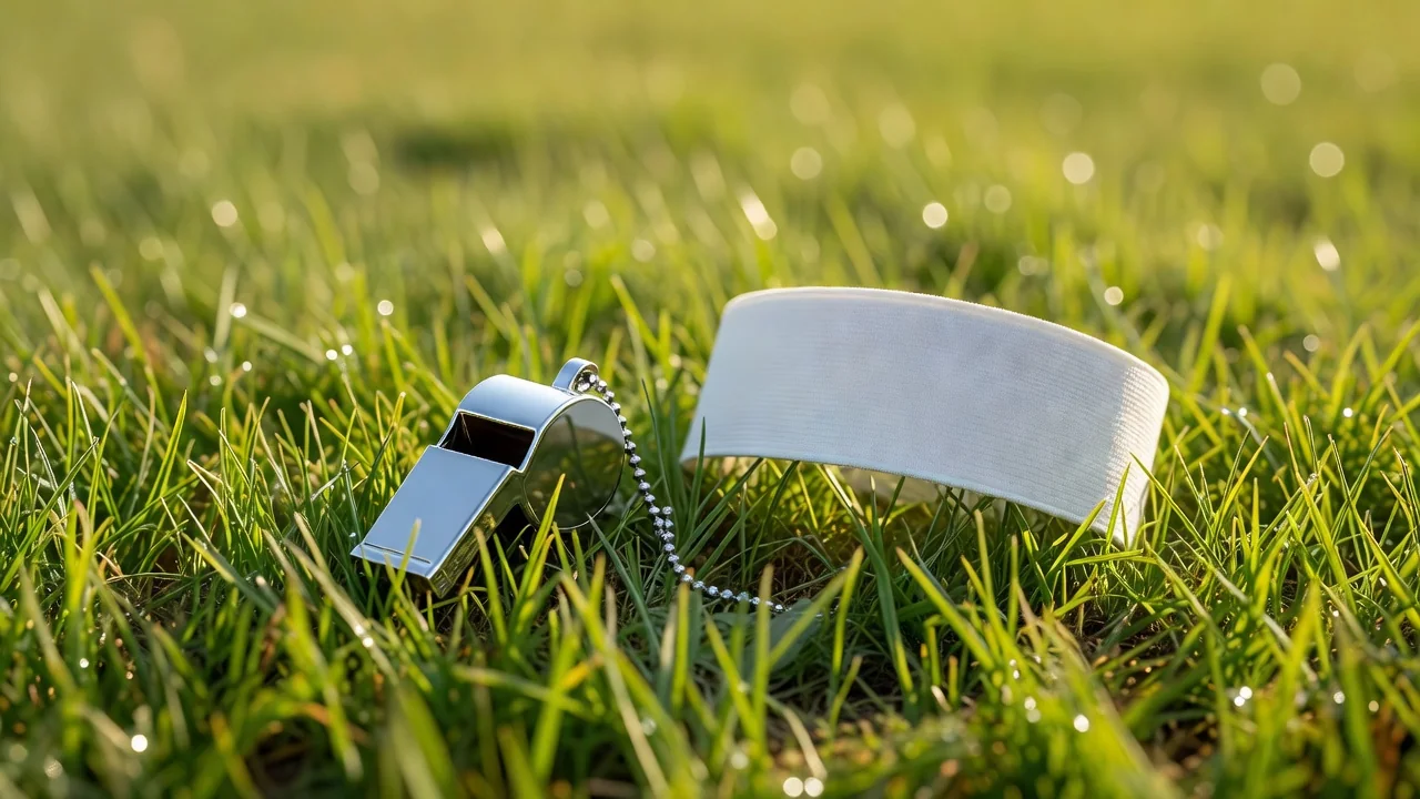 A referee whistle and a plain captain armband lying on night-lit grass