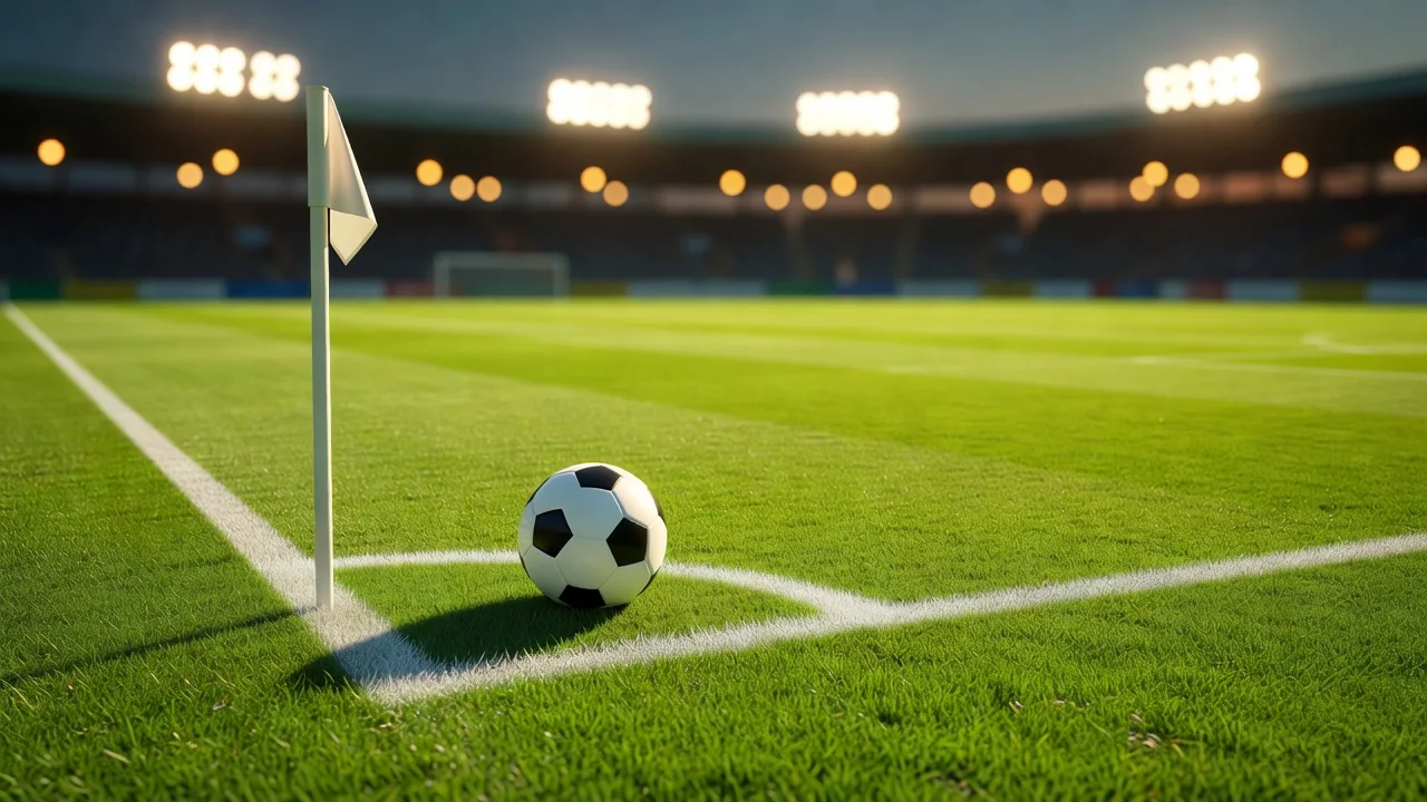 A football at the corner arc beside the flag with night floodlight bokeh