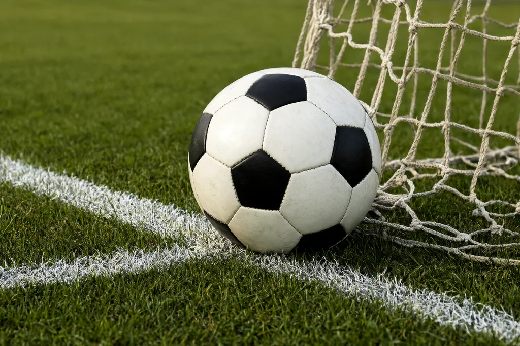 Close up of green goalmouth grass with the white painted goal line and the corner of a soccer goal net with a classic round soccer ball just beyond the line