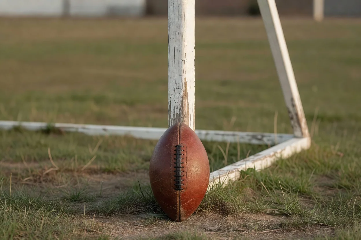 A 1950s brown leather football in front of an old white wooden goalpost