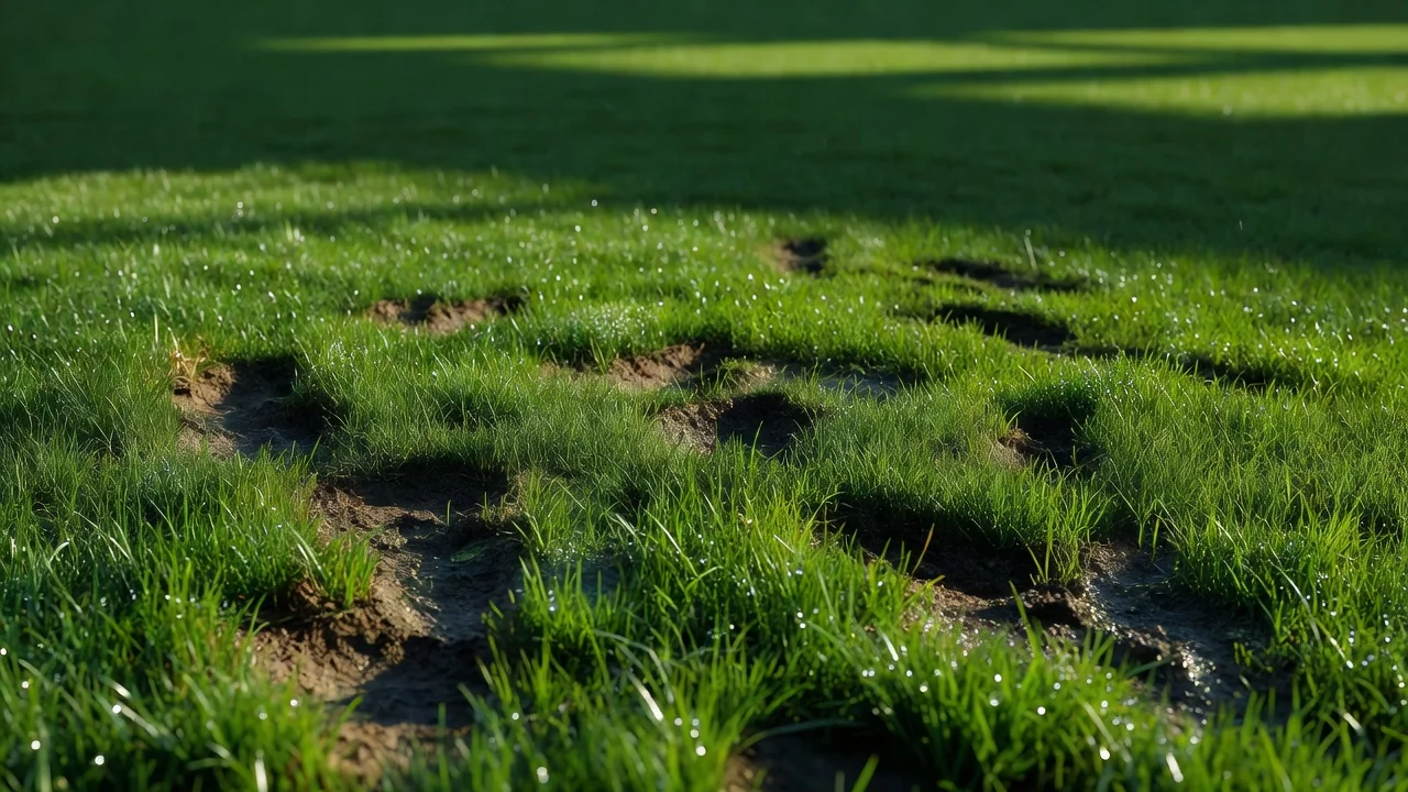 Rain-soaked grass with deep stud marks from football boots