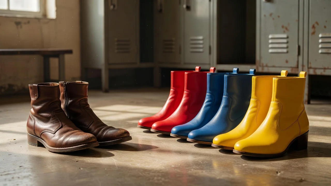 Vintage ankle-high leather boots beside modern colorful boots on a locker room floor
