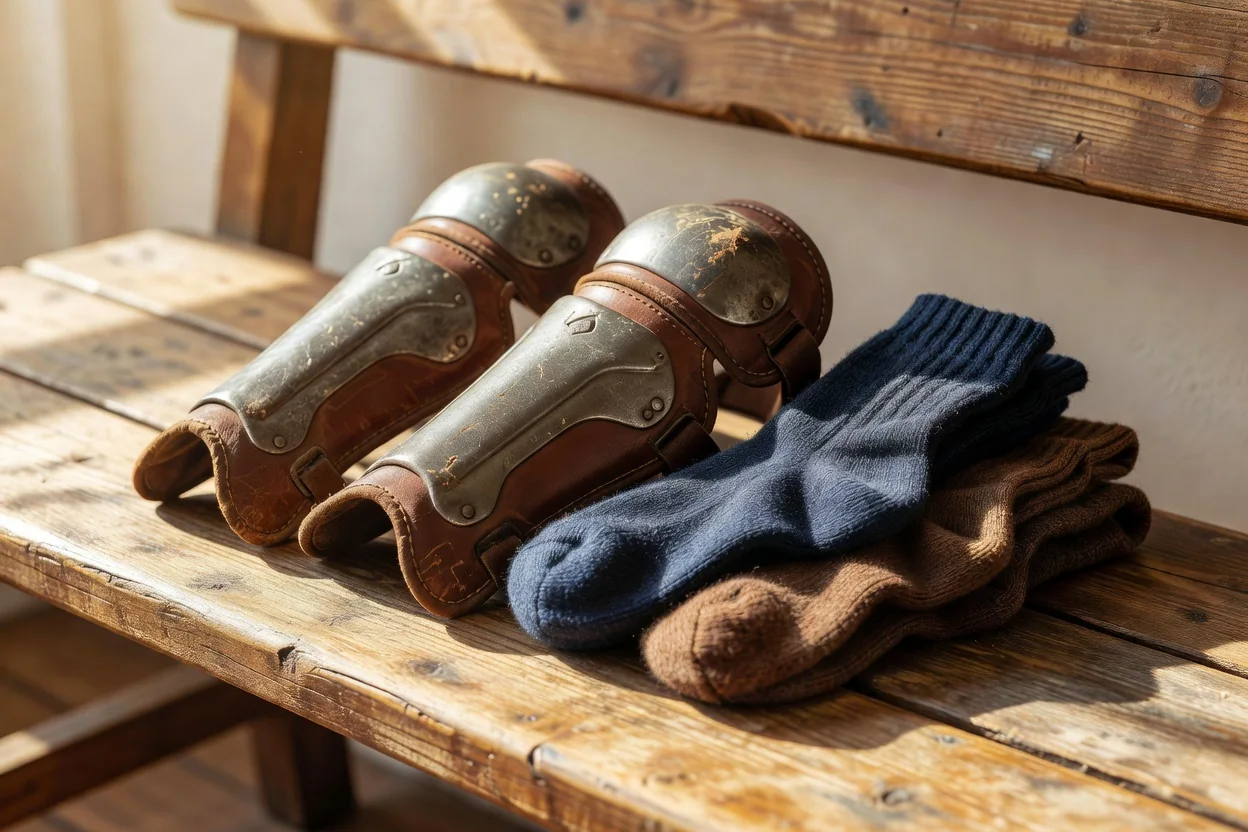 Vintage shin guards and folded wool socks on a wooden bench