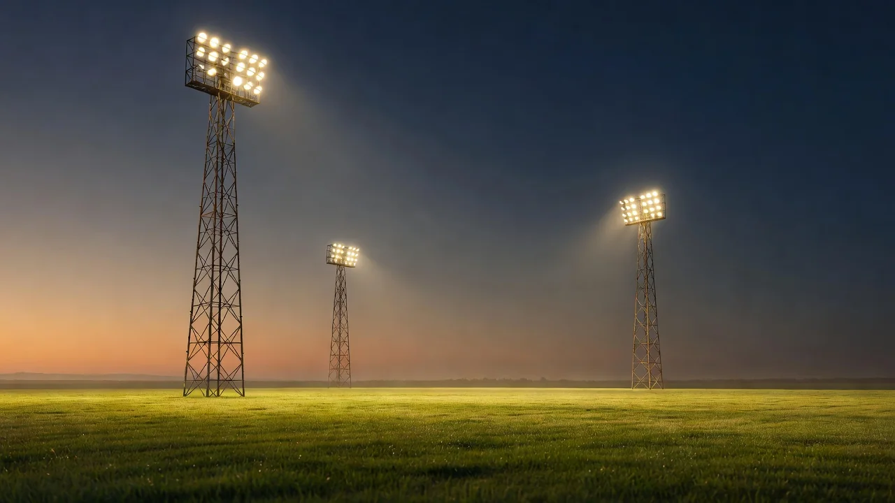 Tall floodlight masts glowing against a dusk sky above an empty pitch