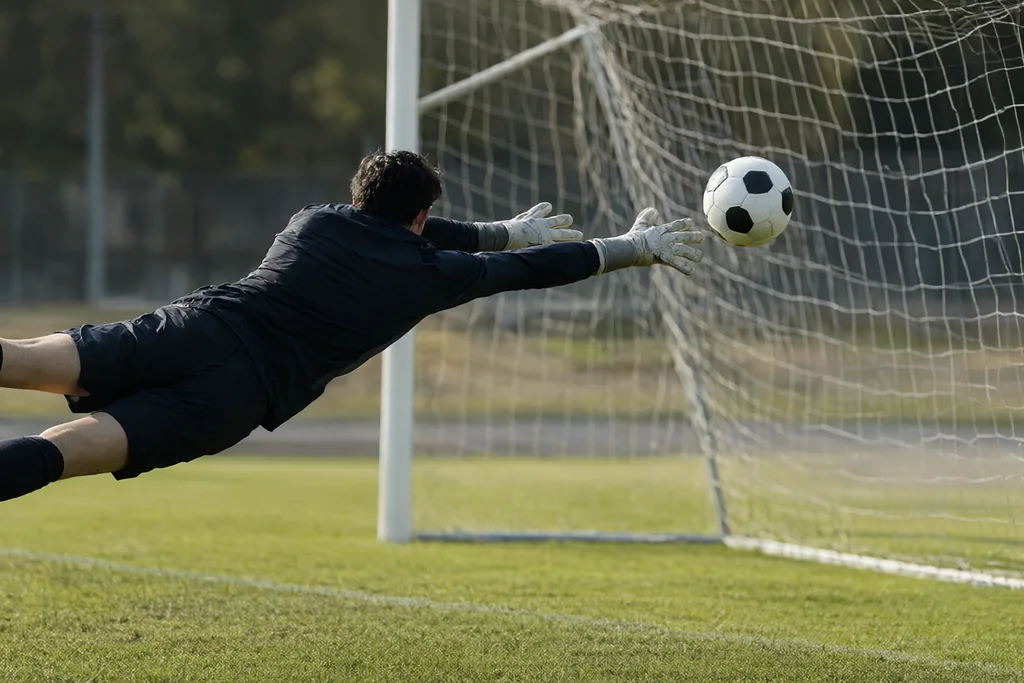 A soccer goalkeeper in dark kit diving to save a round ball with pentagon panels at the goal