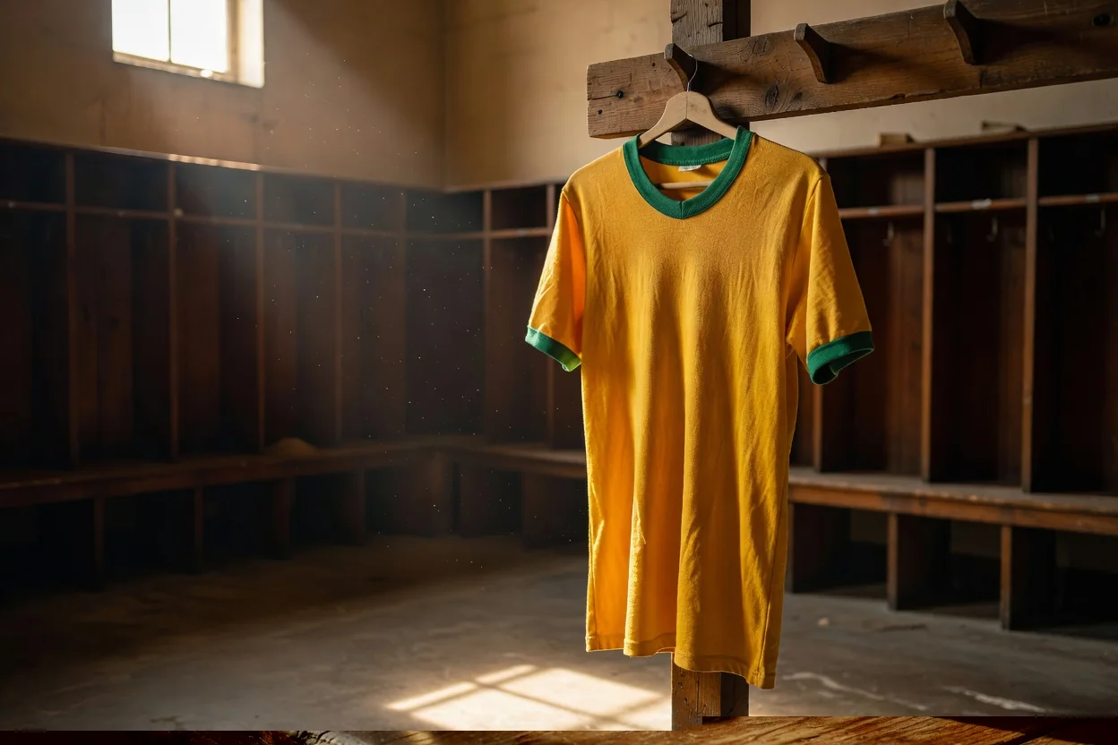An old lace-up leather football beside a brass whistle on a wooden table