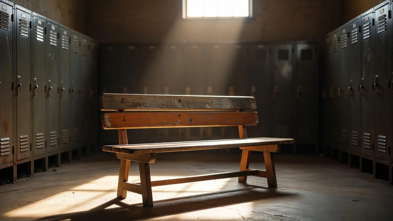 An empty wooden bench inside a dark old locker room with a shaft of light