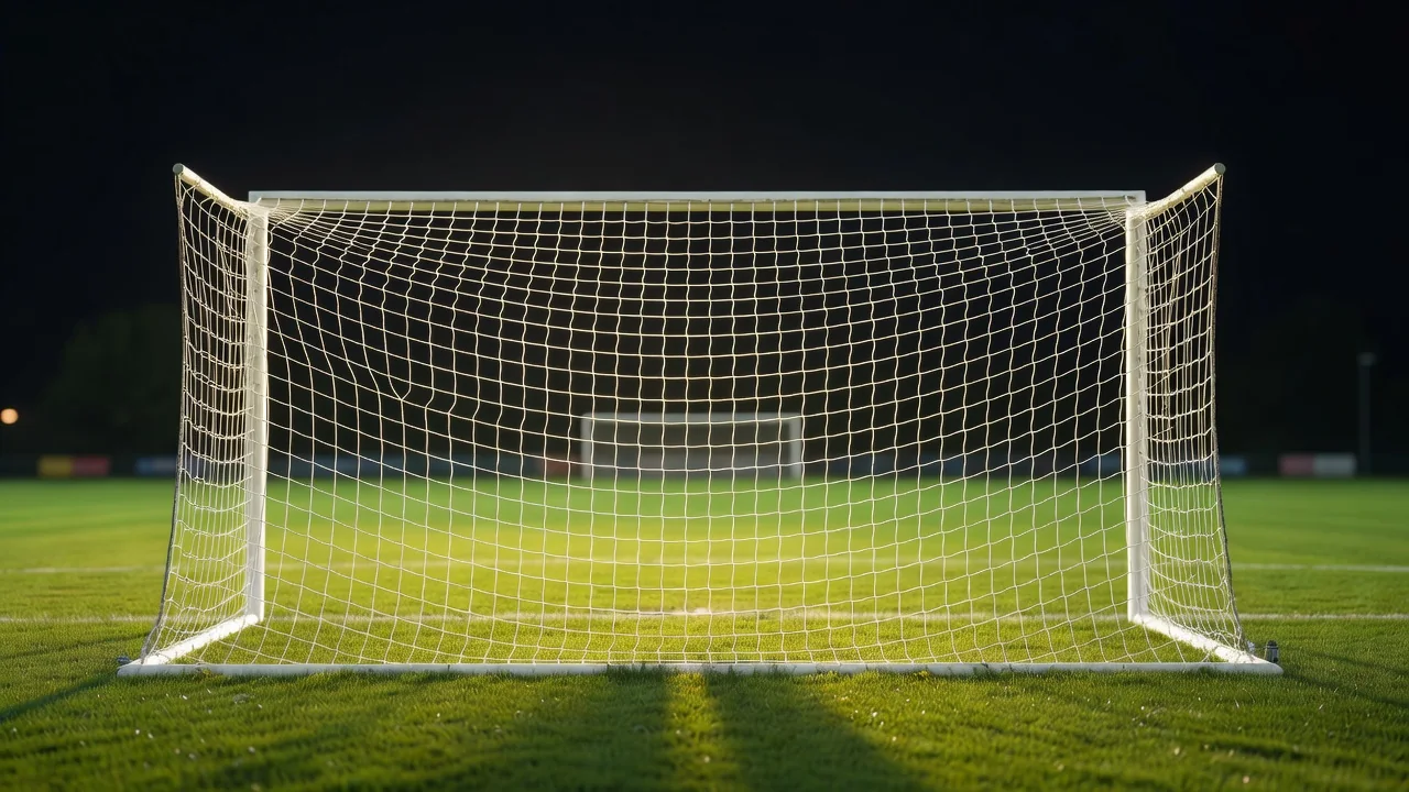 A goal net bulging outward seen from behind the goal at night