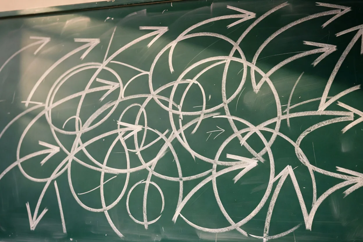A green chalkboard covered only in curved white chalk arrows and circles