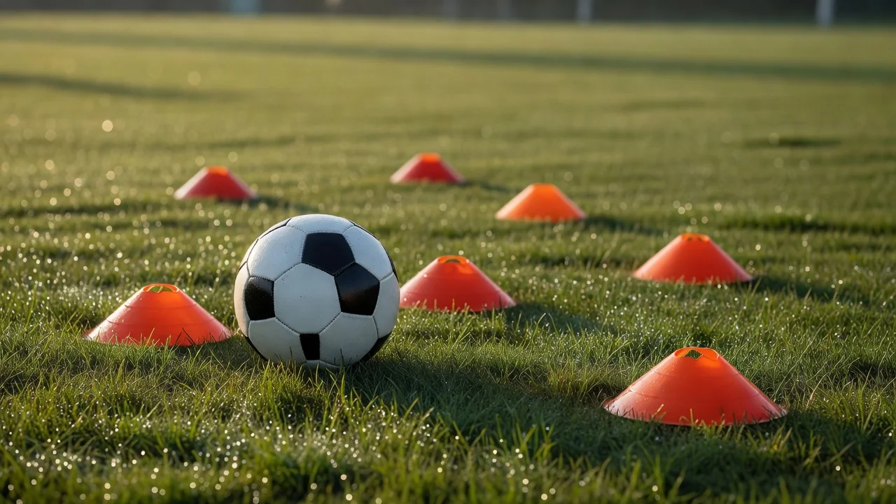 A classic black and white football beside orange training cones on a dewy pitch