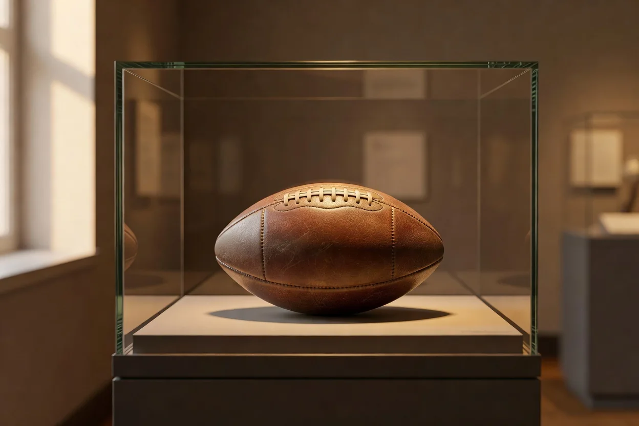A vintage leather football inside a glass museum display case