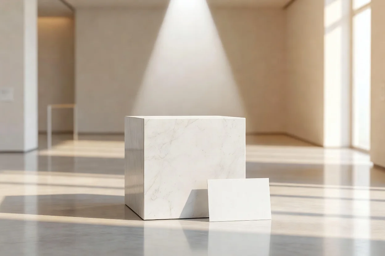 An empty museum pedestal under a single spotlight with a blank placard