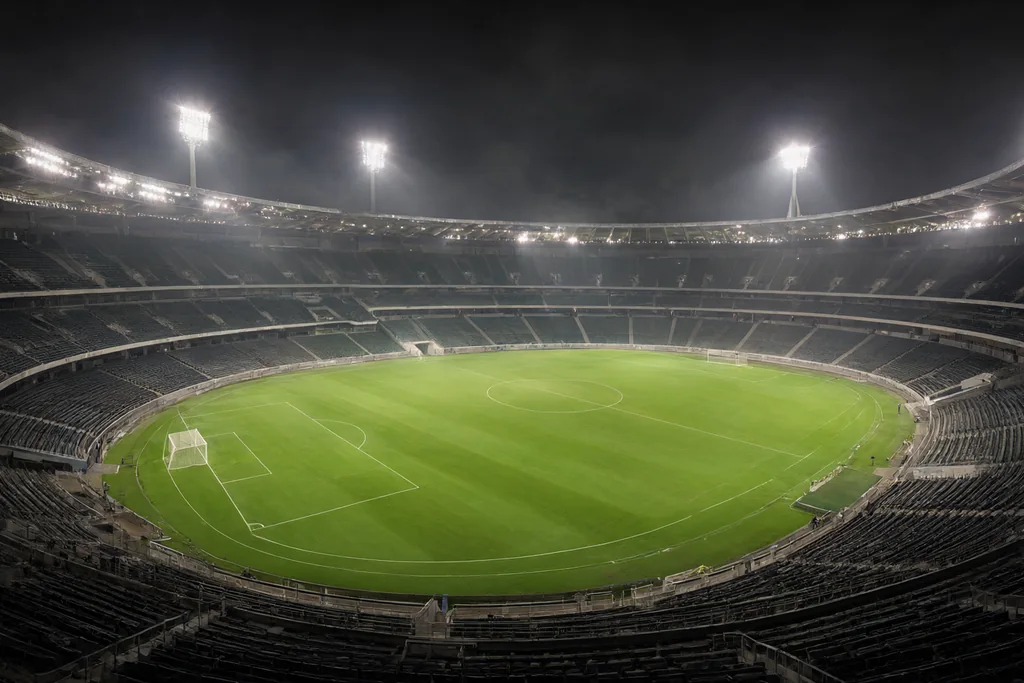 Towering floodlight masts above an empty soccer stadium at night with a green pitch below