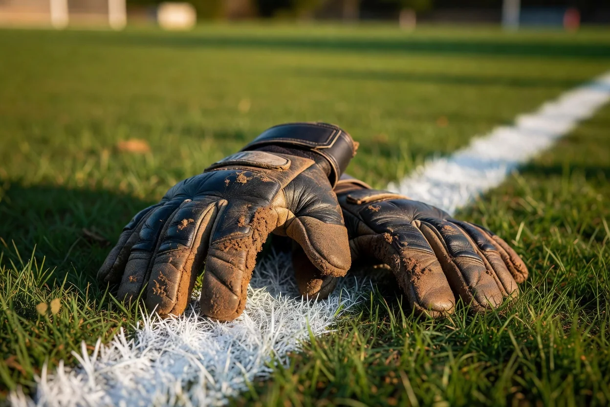 A pair of worn leather goalkeeper gloves lying on the white goal line