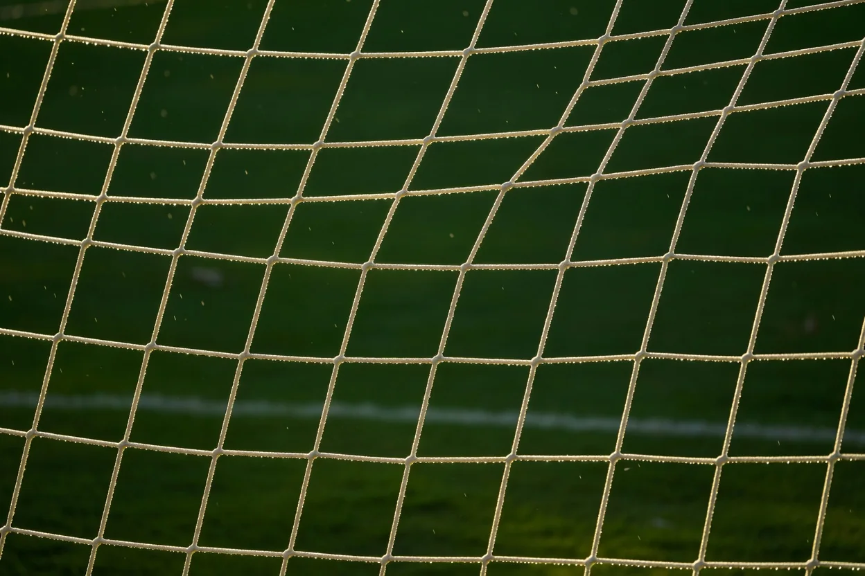 A goal net in close-up with fine rain droplets on the cords