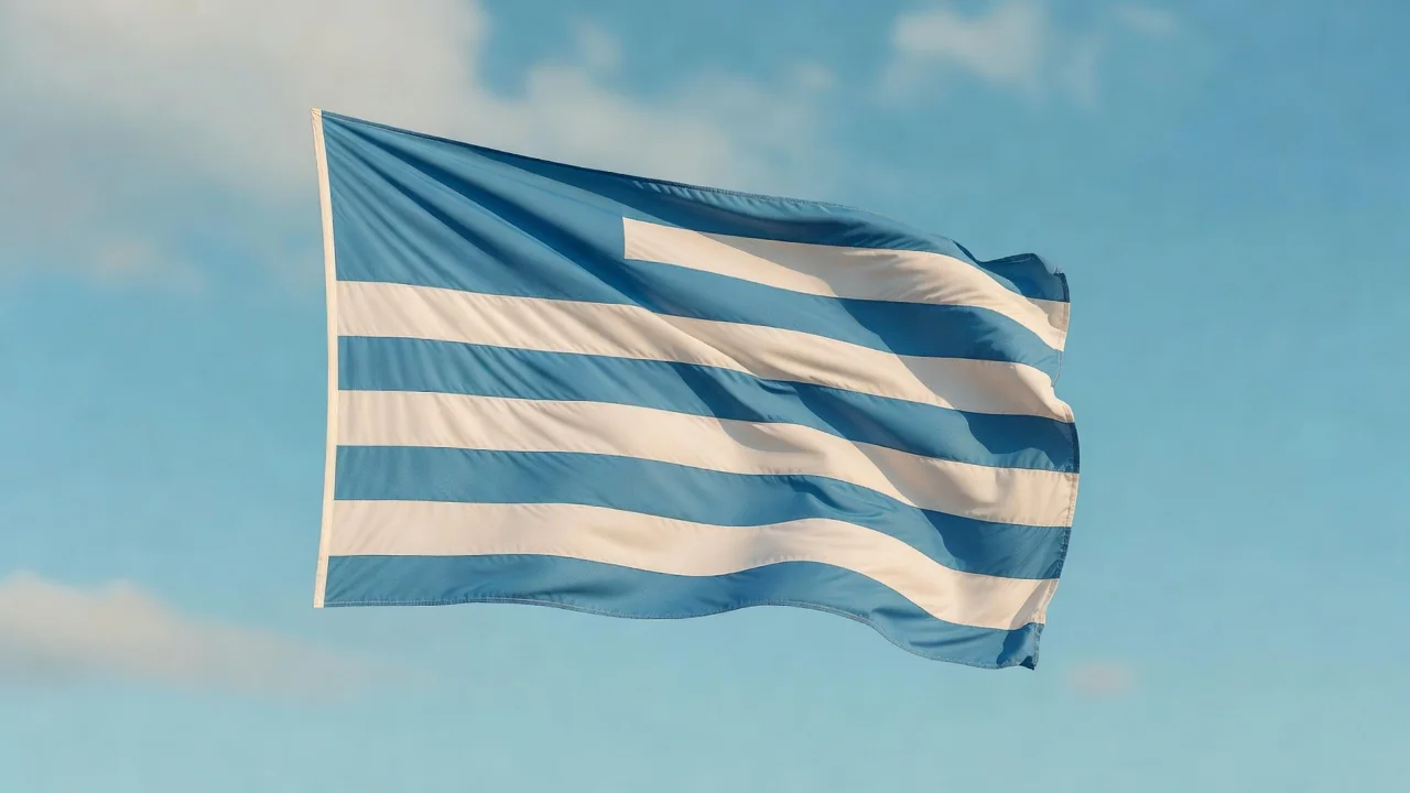 A sky-blue and white striped plain flag waving against a bright sky
