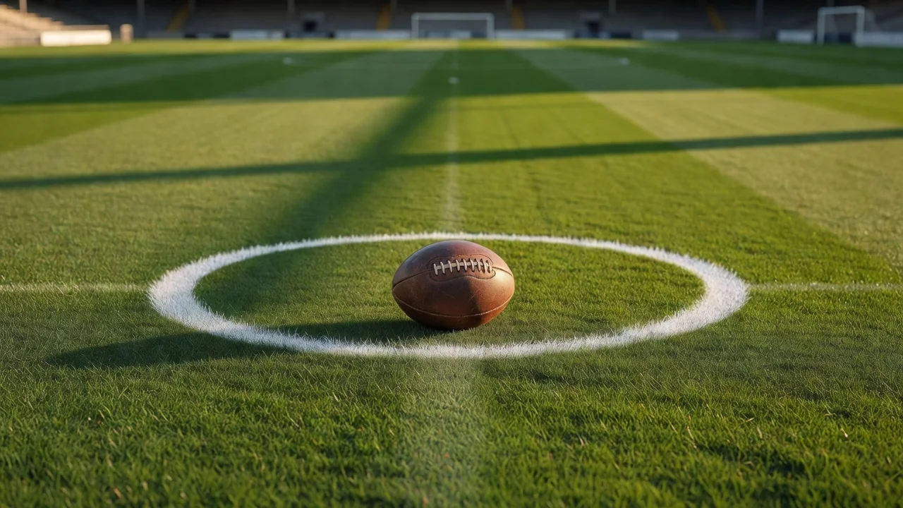 A lone leather football on the center spot casting a long dramatic shadow