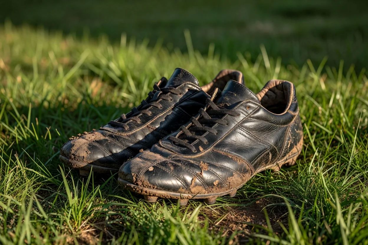 A pair of well-worn muddy black football boots side by side on sunlit grass