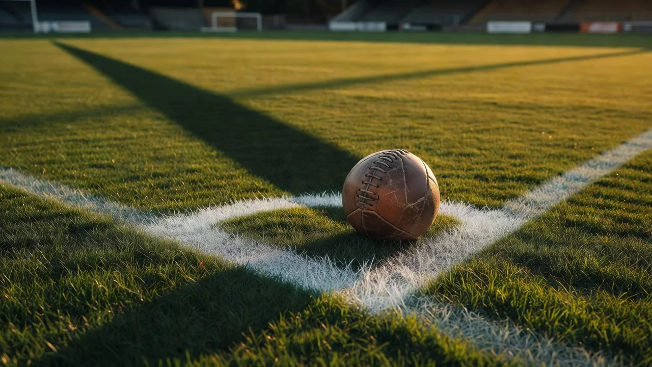 A classic football resting exactly on a white penalty spot with a long evening shadow