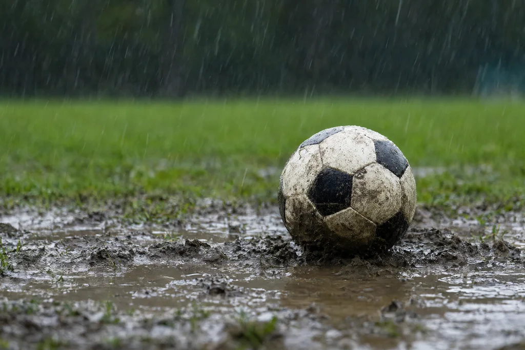 A classic round soccer ball with black and white pentagon panels sinking into wet mud on a green soccer pitch