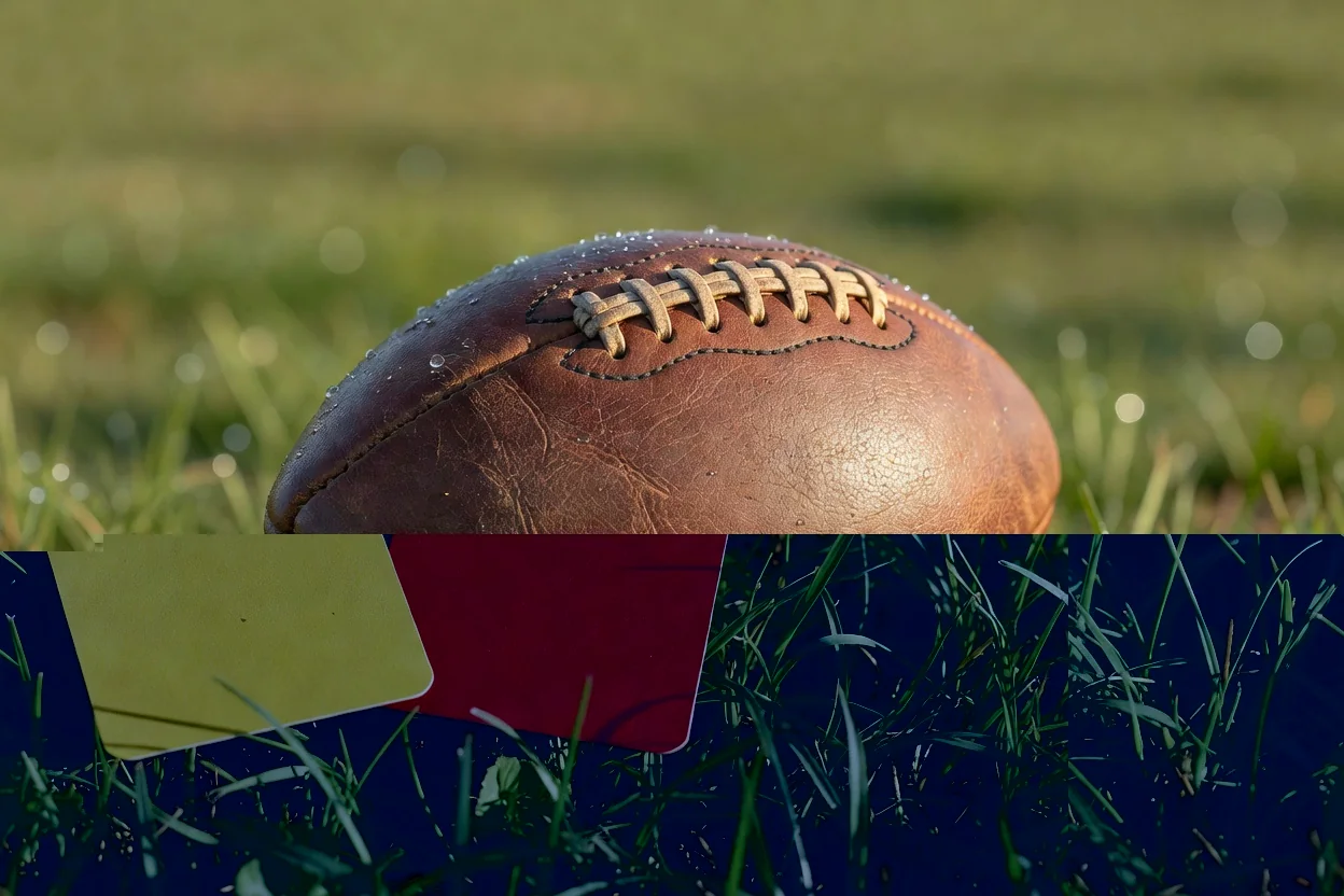 A yellow card and a red card lying plain on green grass