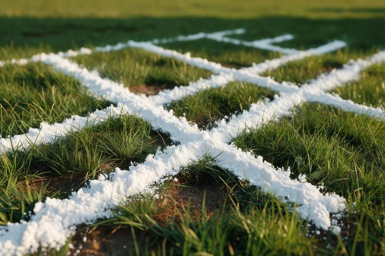 Fresh white chalk lines on green grass in extreme close-up