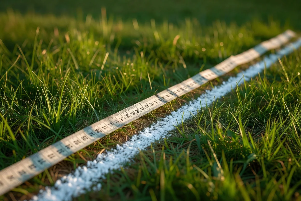 A tailor measuring tape stretched on grass beside a white chalk line
