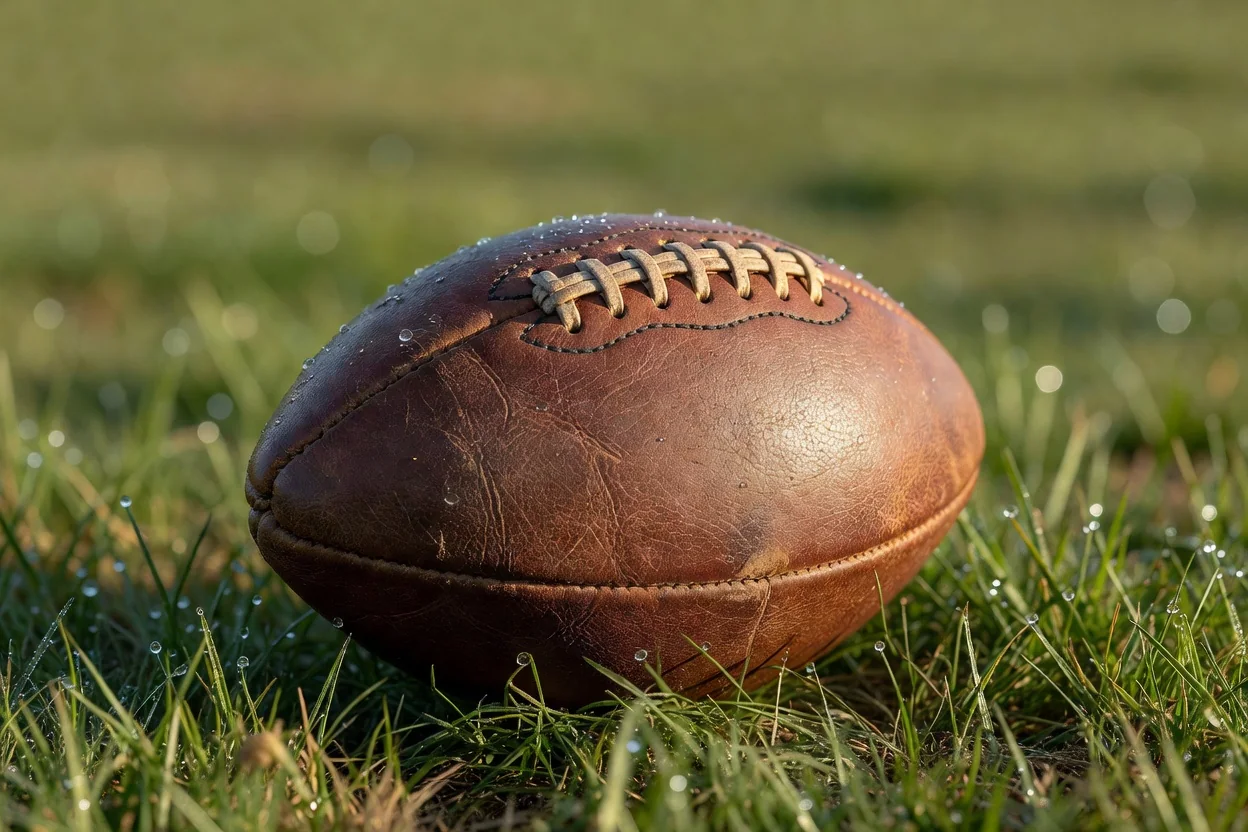 An old brown leather football with thick laces resting on dewy grass