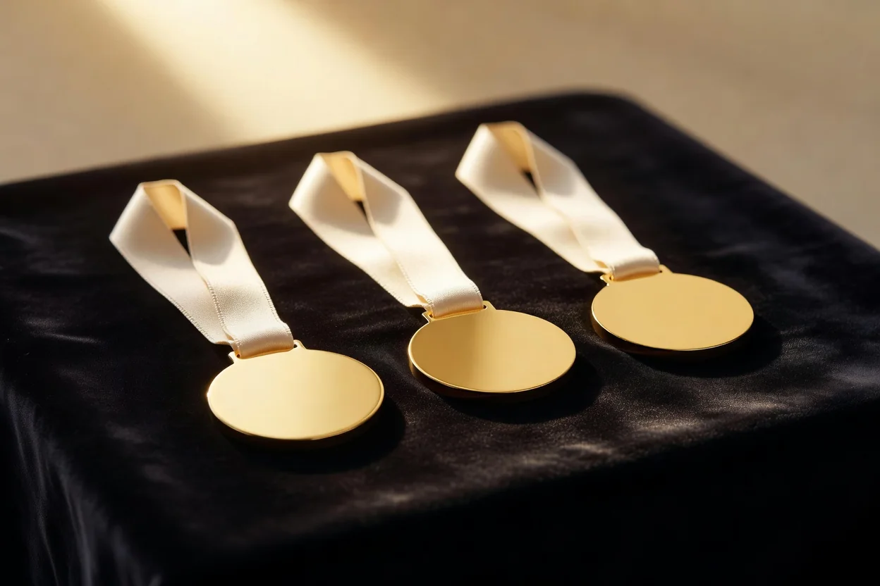 Three gold winner medals with plain ribbons arranged on dark velvet