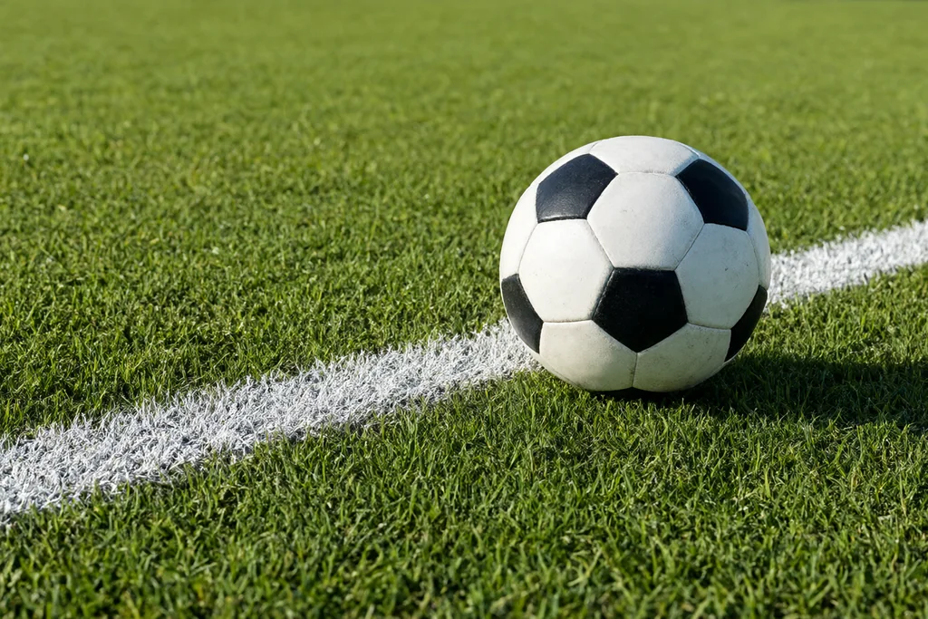 A white painted free kick line on the turf of a green soccer pitch with a classic round soccer ball with pentagon panels beside it