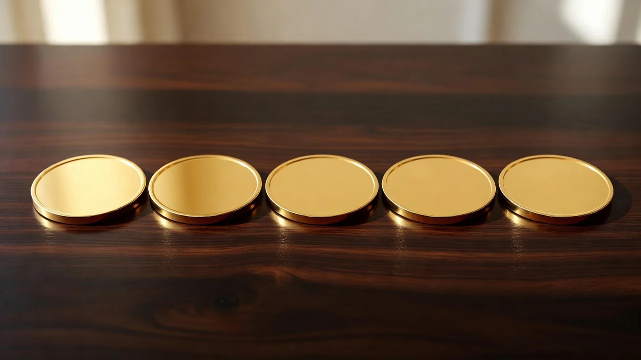 Five gold medals in a neat row on dark polished wood