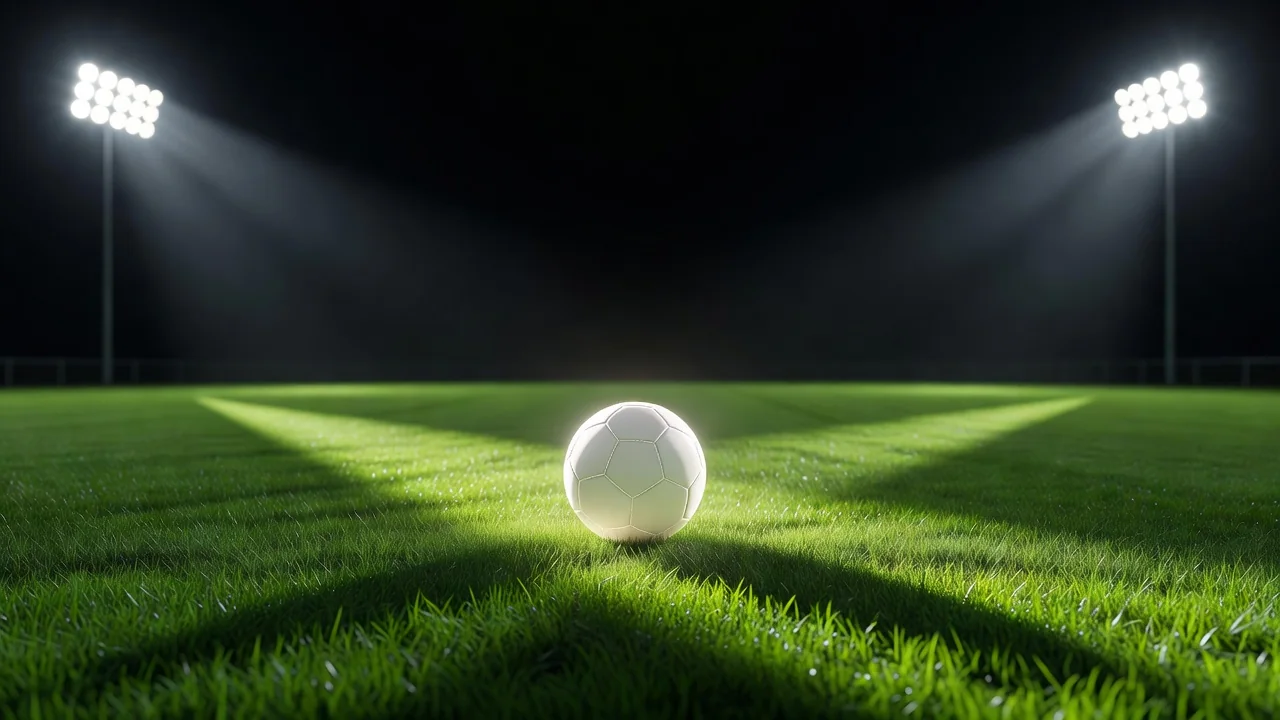 A classic white football glowing under bright floodlights at night