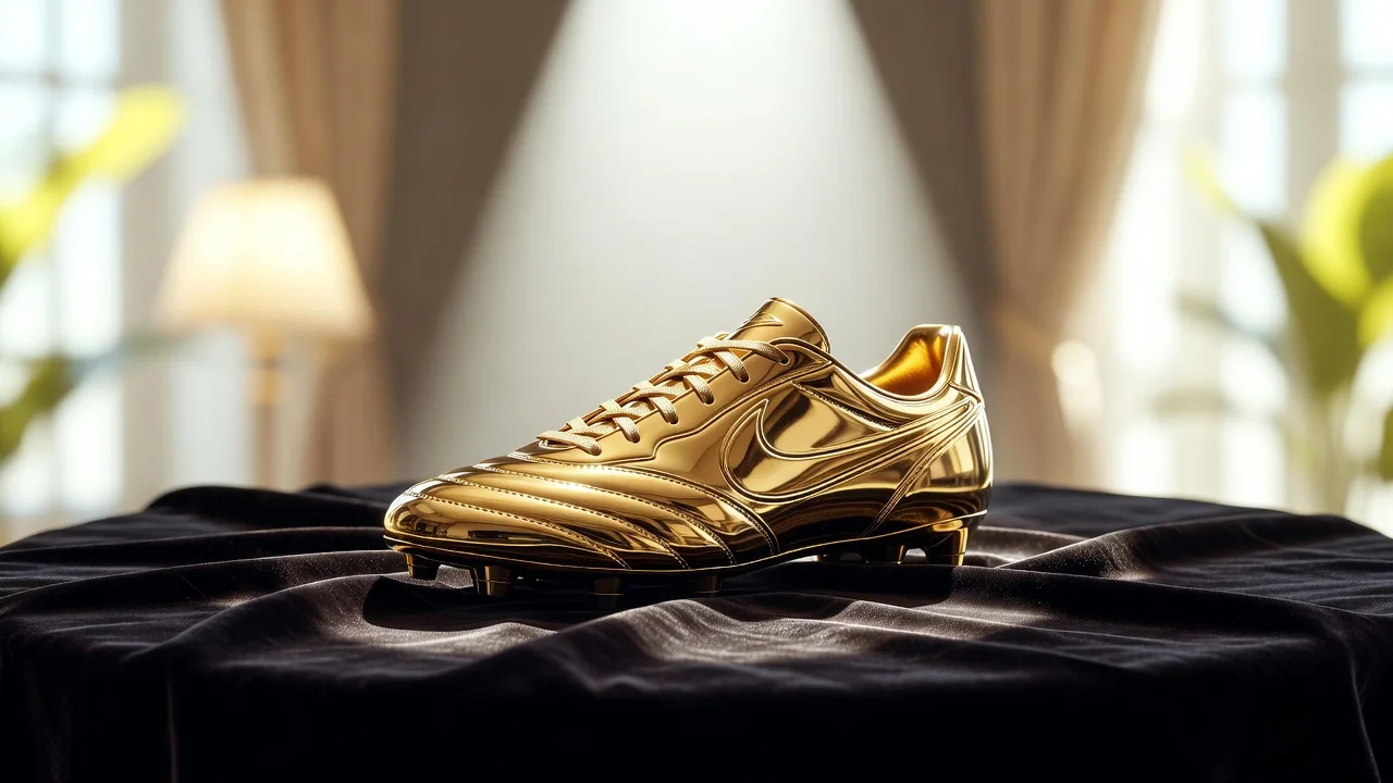 A golden boot trophy on dark velvet under a single spotlight