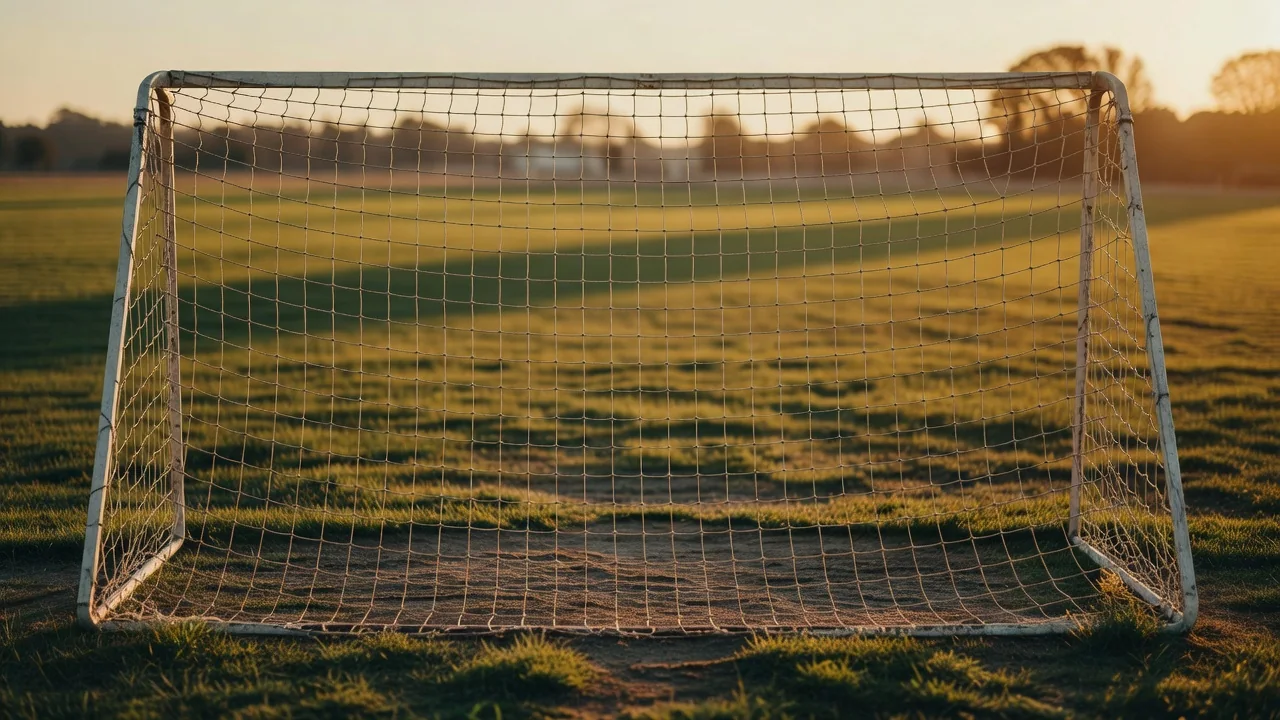 A goal net seen from inside the goal in golden-hour light
