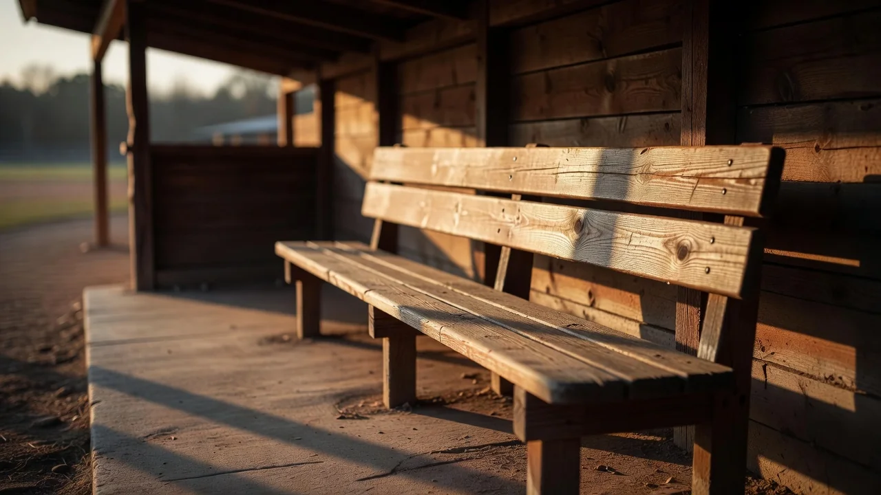 An empty wooden substitutes bench in a dugout casting long evening shadows