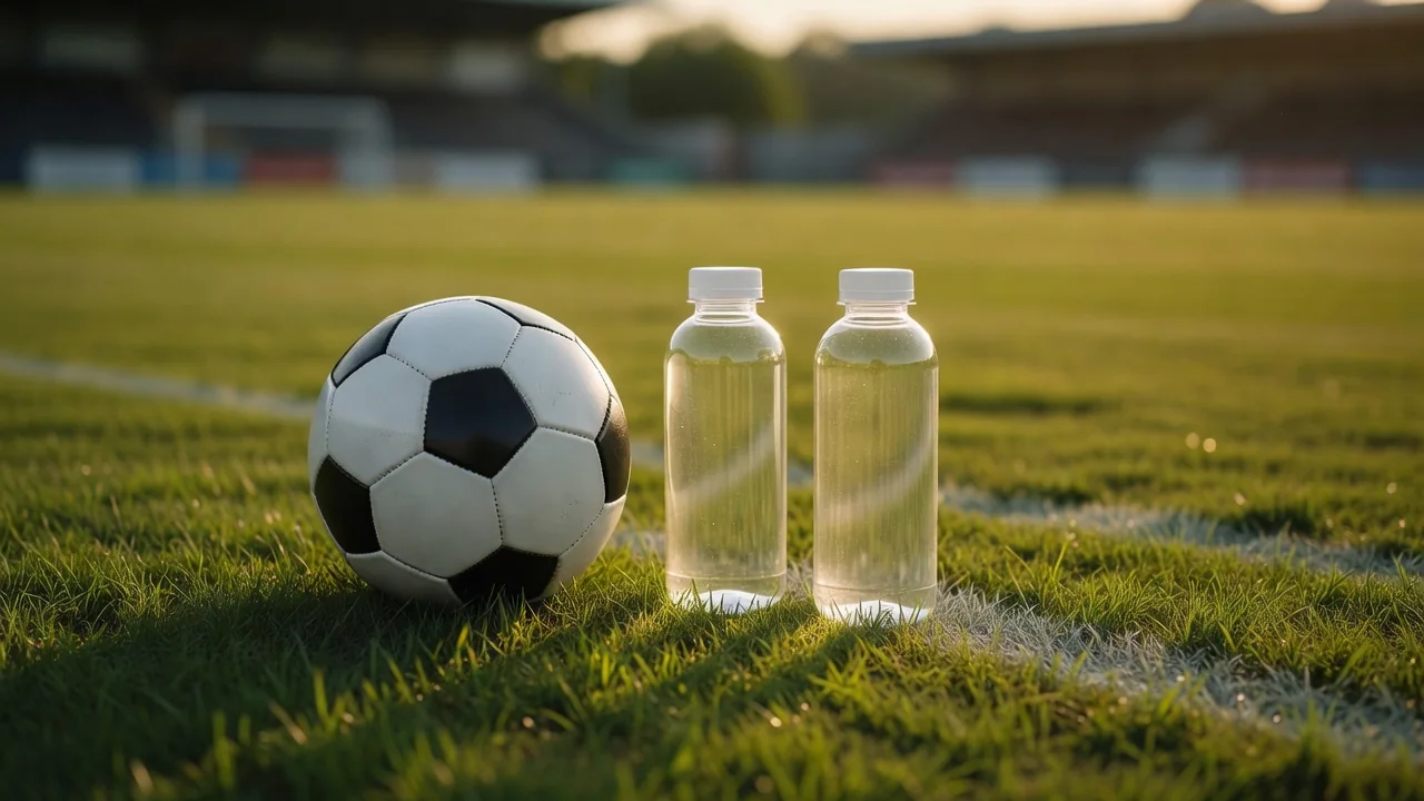 A football and two plain water bottles on the touchline at golden hour