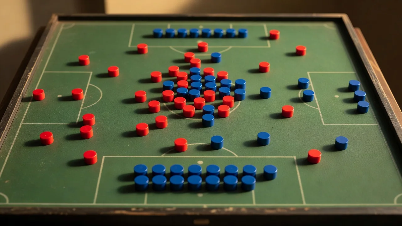 A magnetic tactics board with red and blue magnets arranged mid-match