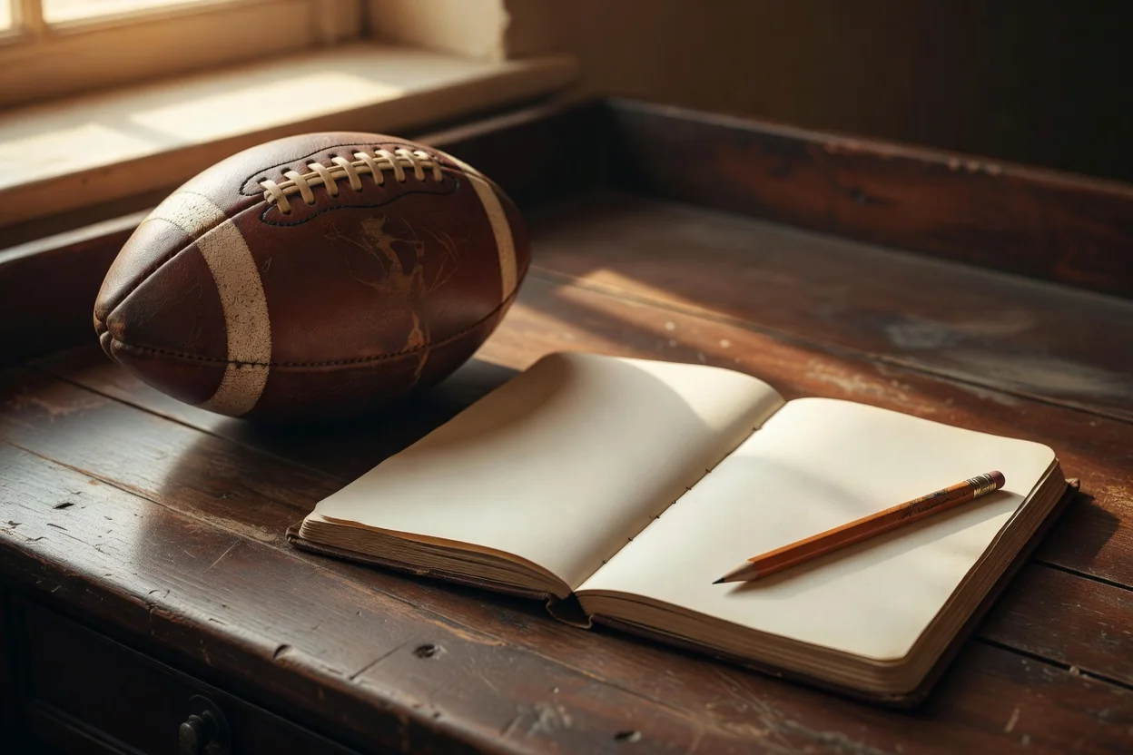 An old leather football beside an open blank notebook and a pencil